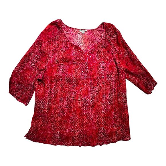 Catherines Women's 3X (26/28W) Tunic Crinkle Pink Damask Print Sequins Artsy - Picture 1 of 10